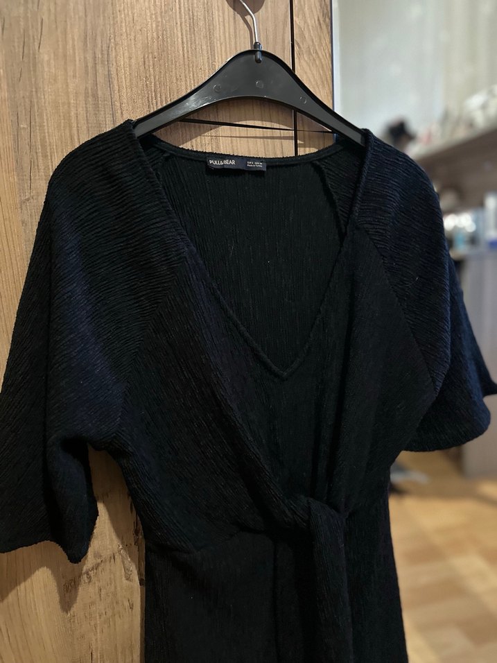 Pull and bear V Yaka Siyah Kadın Uzun Keten Triko Elbise - Görsel 2