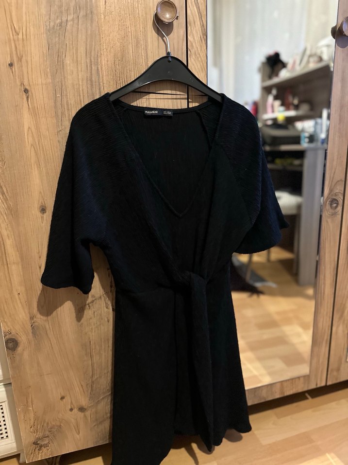 Pull and bear V Yaka Siyah Kadın Uzun Keten Triko Elbise - Görsel 3