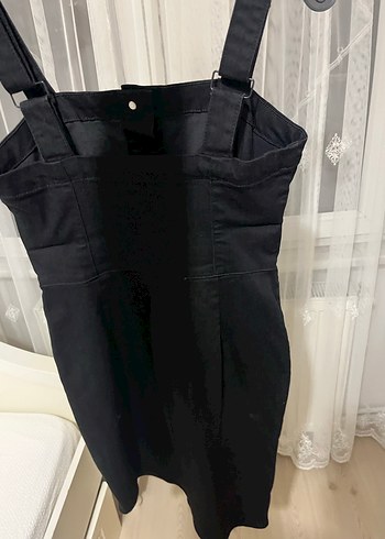 Düğmeli Siyah Kadın Denim Mini Salopet - Görsel 2