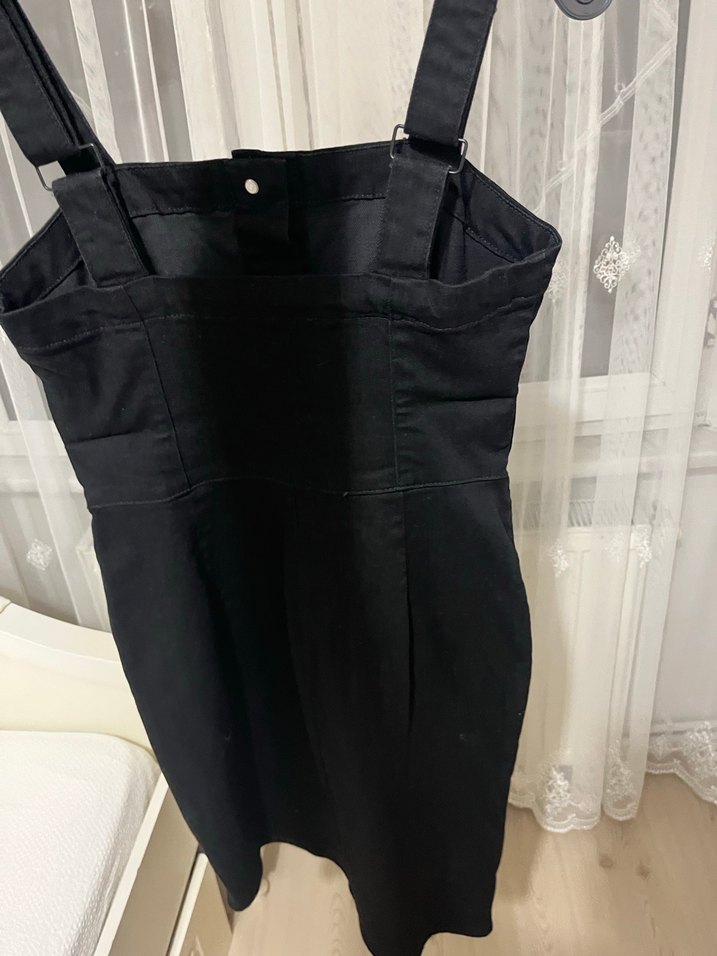 Düğmeli Siyah Kadın Denim Mini Salopet - Görsel 2