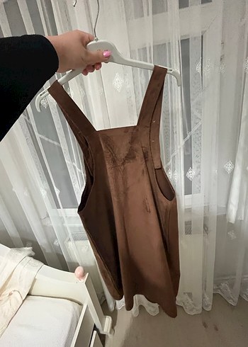 Düğmeli Kahverengi Süet Midi Salopet - Görsel 2