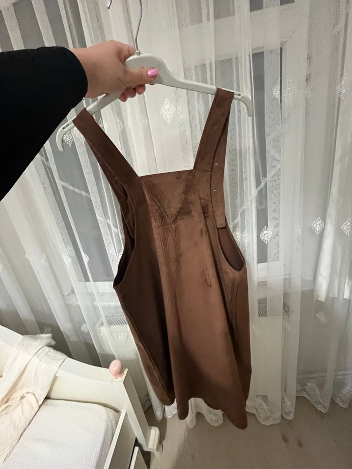 Düğmeli Kahverengi Süet Midi Salopet - Görsel 2