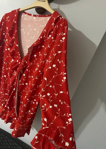 Kırmızı V Yaka Uzun Kollu Bluz - Görsel 2