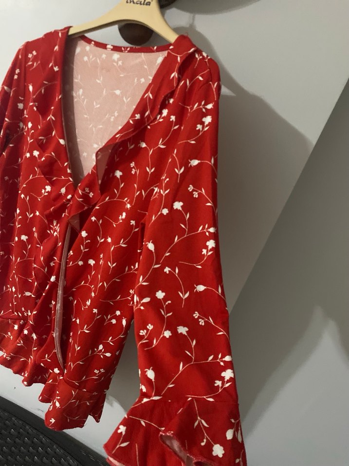 Kırmızı V Yaka Uzun Kollu Bluz - Görsel 2