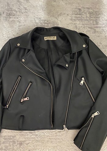 Siyah Kısa Biker Deri Ceket - Görsel 2