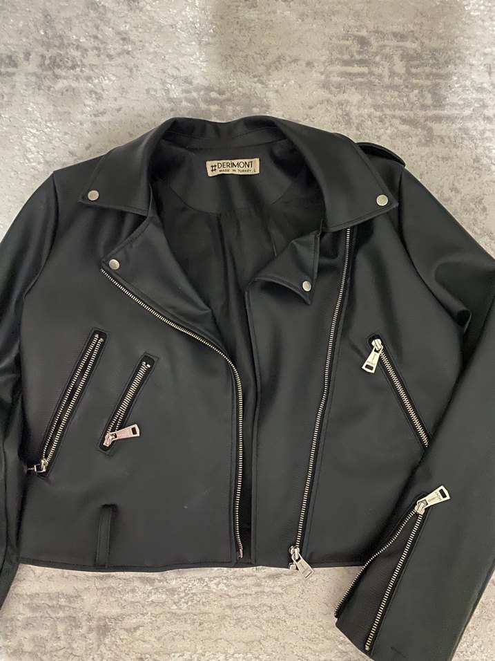 Siyah Kısa Biker Deri Ceket - Görsel 2