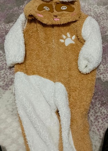 Kahverengi Nakışlı Peluş Kedi Tulumu