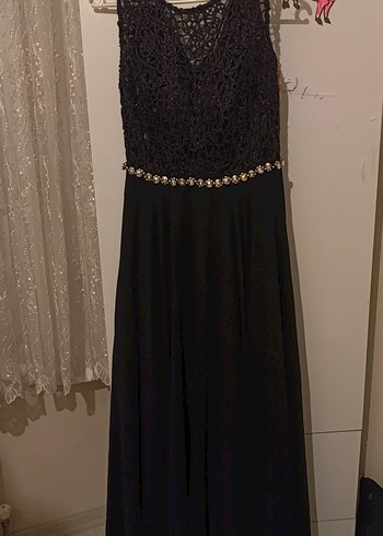 siyah Boncuk İşlemeli Siyah Uzun Kadın Abiye Elbise - Görsel 2