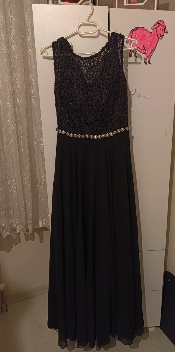 siyah Boncuk İşlemeli Siyah Uzun Kadın Abiye Elbise - Görsel 2