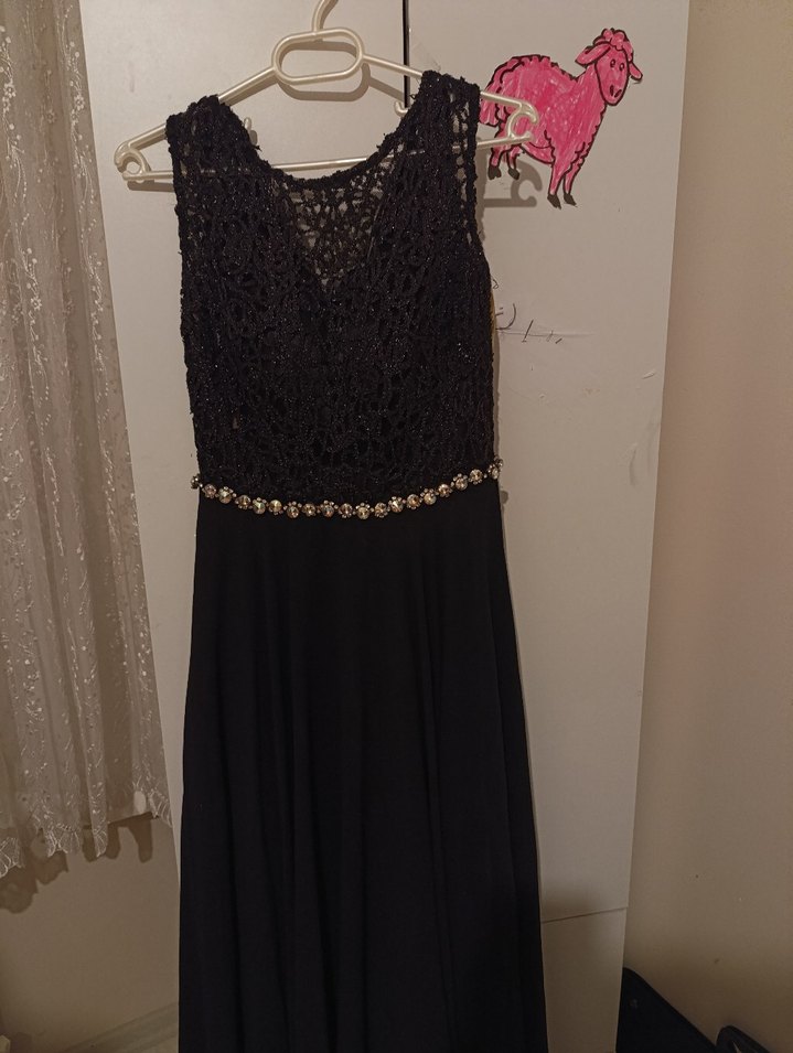 siyah Boncuk İşlemeli Siyah Uzun Kadın Abiye Elbise - Görsel 3