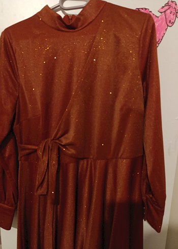 abiye kiremit rengi Uzun Kollu Drapeli Uzun Elbise - Görsel 3