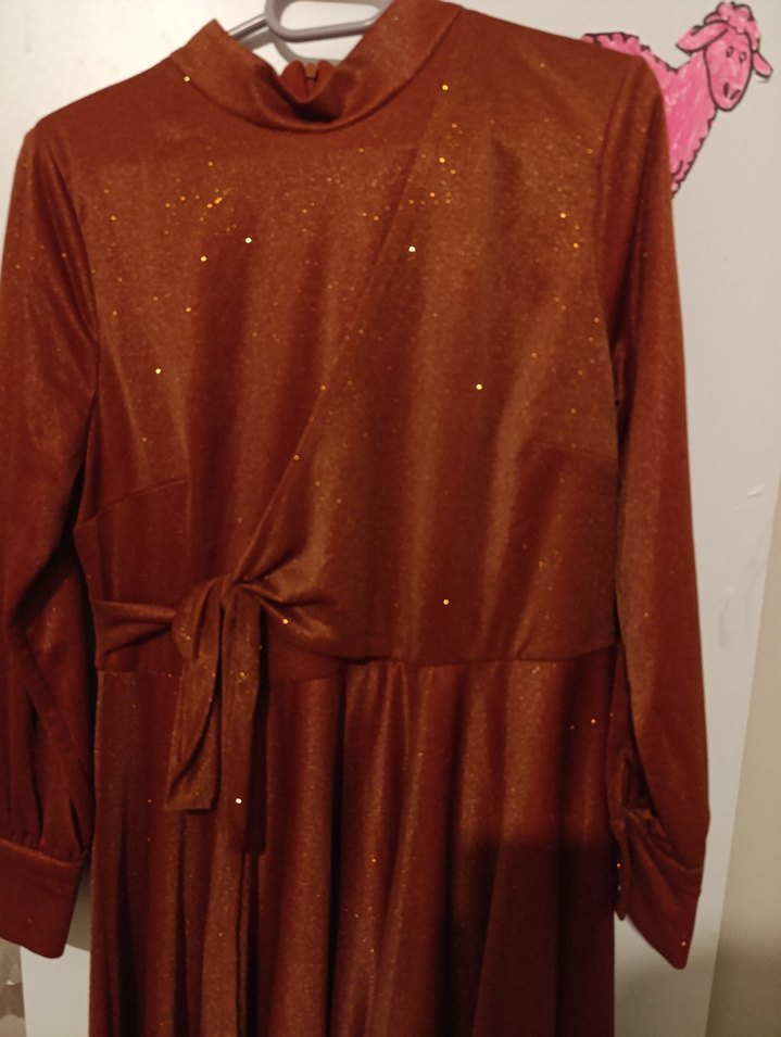 abiye kiremit rengi Uzun Kollu Drapeli Uzun Elbise - Görsel 3