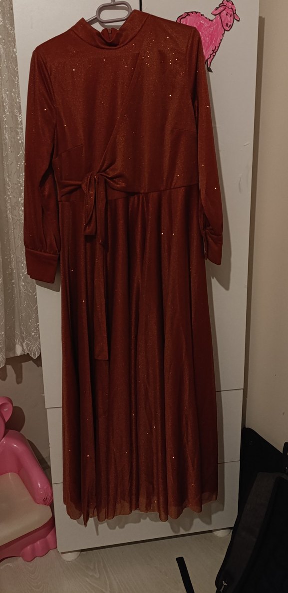 abiye kiremit rengi Uzun Kollu Drapeli Uzun Elbise - Görsel 2