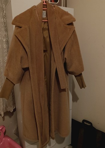 kaban  Bej Kadın Uzun Kürklü Rahat Kaban - Görsel 2