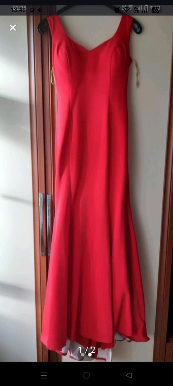 Kırmızı V Yakalı Uzun Abiye Elbise - Görsel 2