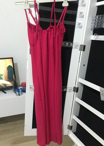 Pembe  Uzun Askılı Drapeli Elbise - Görsel 2