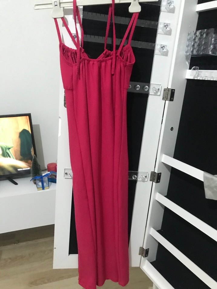 Pembe  Uzun Askılı Drapeli Elbise - Görsel 2