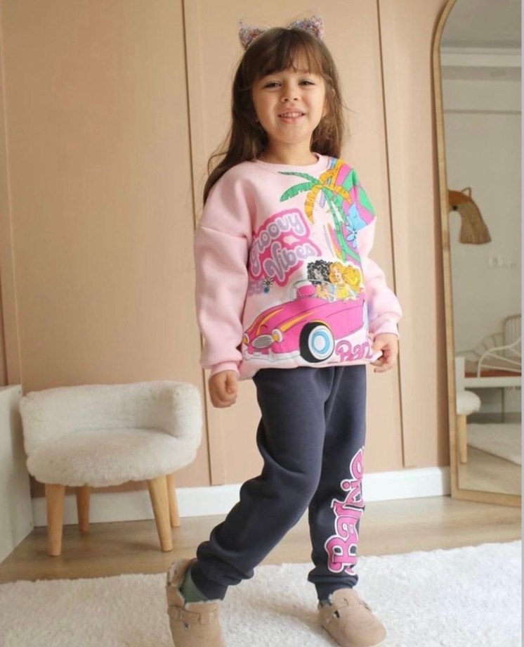 4-5 Yaş Üç İplik Şardonlu Barbie Eşofman Takım - Görsel 2