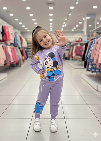 9-10 Yaş Mor Mickey Baskılı üç İplik Şardonlu Eşofman Takımı - Görsel 3