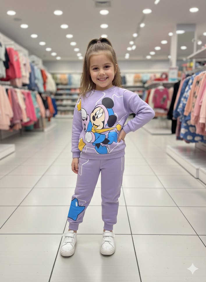 9-10  Yaş Mor Mickey Baskılı üç İplik Şardonlu Eşofman Takımı - Görsel 2