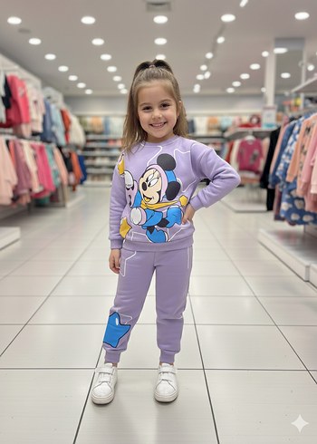 5-6 Yaş Mor Mickey Baskılı üç İplik Şardonlu Eşofman Takımı - Görsel 2