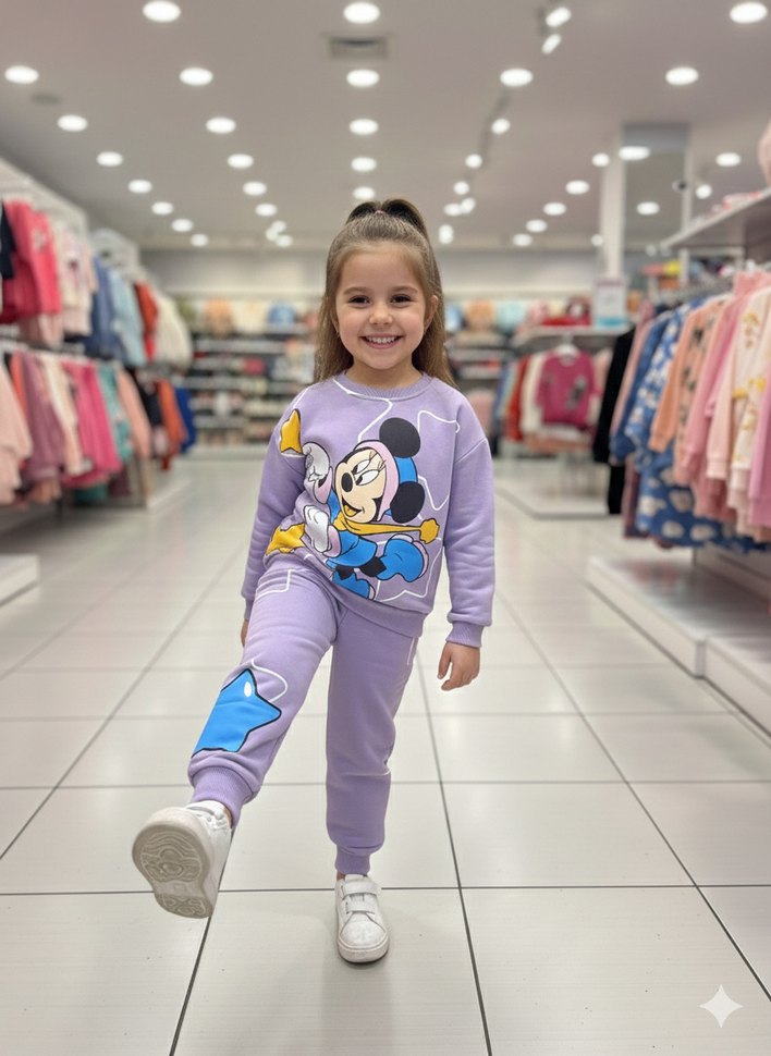 7-8 Yaş Mor Mickey Baskılı üç İplik Şardonlu Eşofman Takımı - Görsel 3