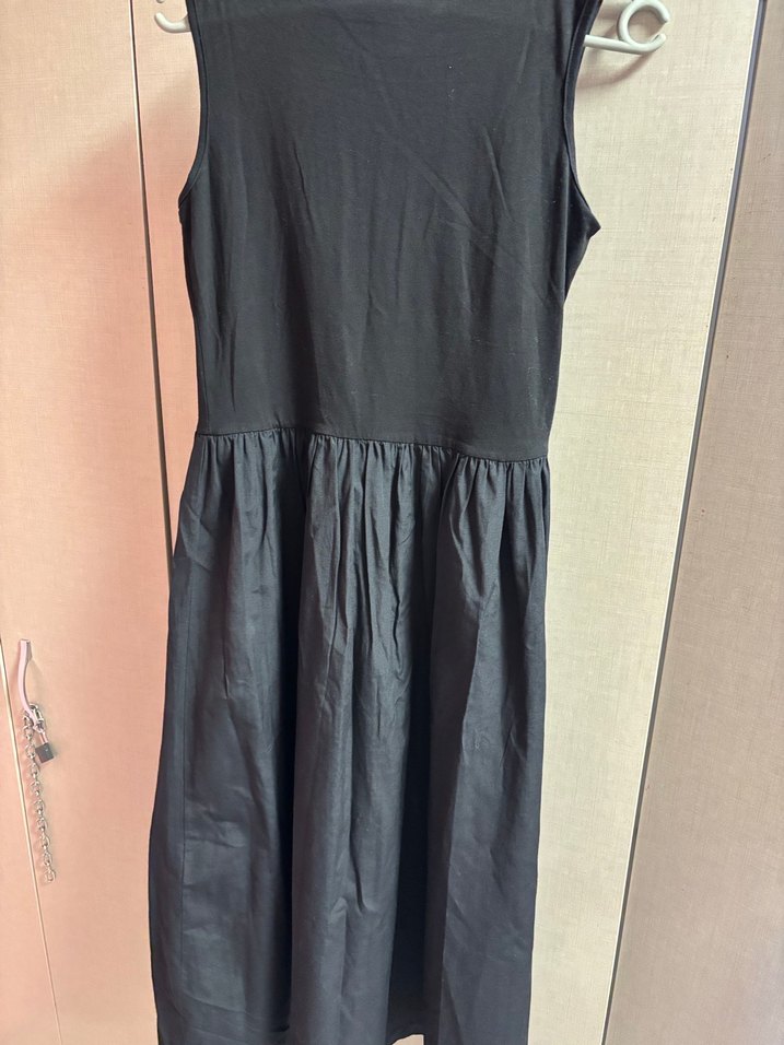 Siyah Kolsuz Midi Keten Elbise - Görsel 4