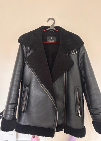 Siyah Kürklü Deri Biker Ceket - Görsel 4