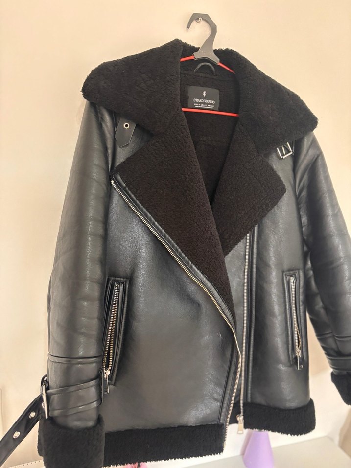 Siyah Kürklü Deri Biker Ceket - Görsel 3