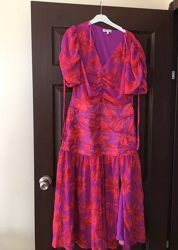 Mor Bağcıklı V Yaka Uzun Elbise - Görsel 3