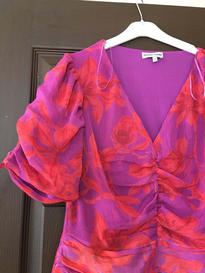 Mor Bağcıklı V Yaka Uzun Elbise - Görsel 4