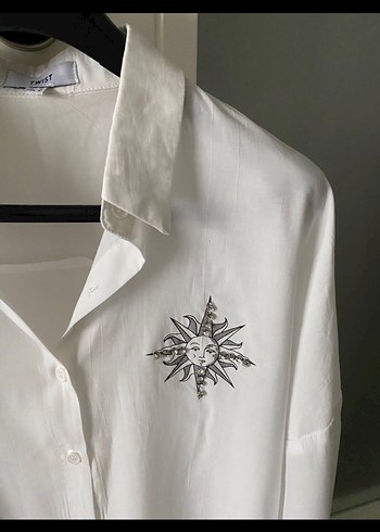 Beyaz Desenli Keten Gömlek, Uzun Kollu, Rahat Kesim - Görsel 2