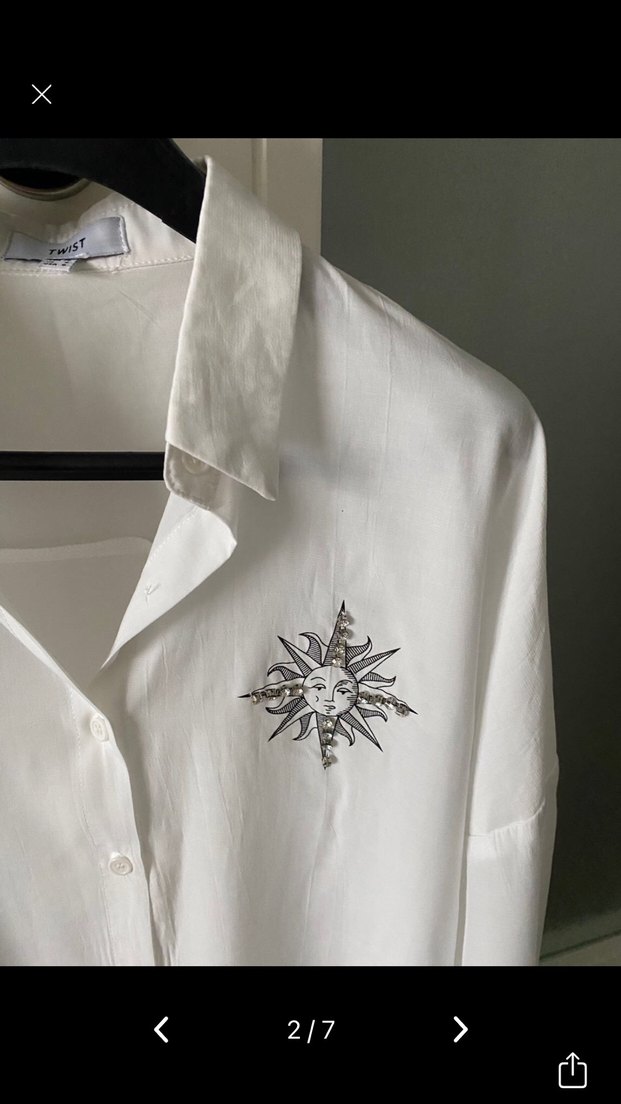 Beyaz Desenli Keten Gömlek, Uzun Kollu, Rahat Kesim - Görsel 2