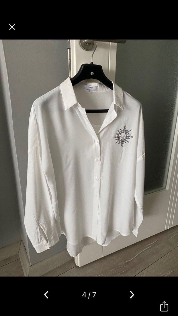 Beyaz Desenli Keten Gömlek, Uzun Kollu, Rahat Kesim - Görsel 4