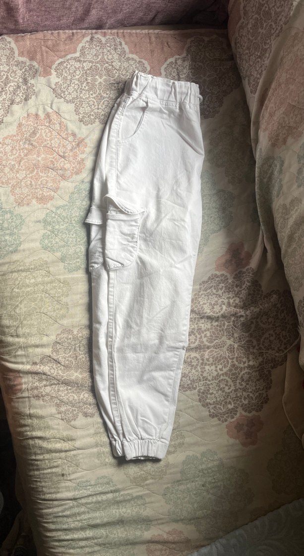 Kadın Beyaz Pamuklu Kemerli Bol Kesim Pantolon - Görsel 2