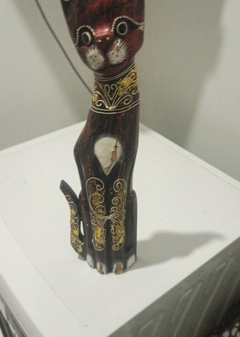 Koyu Kahverengi Ahşap Kedi Figürin - Görsel 3