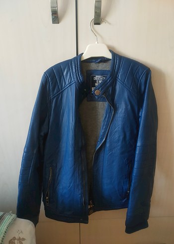 Mavi Deri Motorcu Ceket - Görsel 4