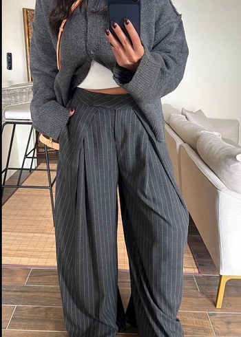 Premium Zara Model Çizgili Dökümlü Yüksek Bel Palazzo Pantolon - Görsel 5