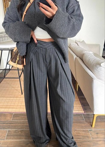 Premium Zara Model Çizgili Dökümlü Yüksek Bel Palazzo Pantolon - Görsel 8