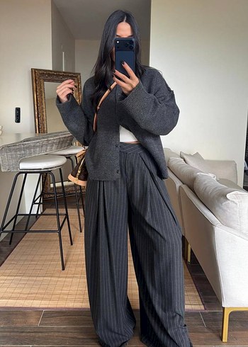 Premium Zara Model Çizgili Dökümlü Yüksek Bel Palazzo Pantolon - Görsel 6