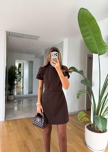 Zara Model Önden Düğmeli Kahverengi Mini Elbise - Görsel 6