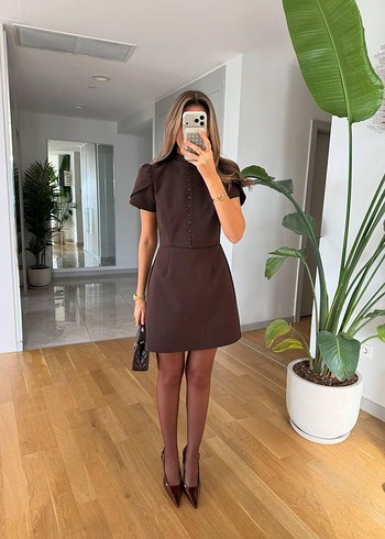 Zara Model Önden Düğmeli Kahverengi Mini Elbise - Görsel 4