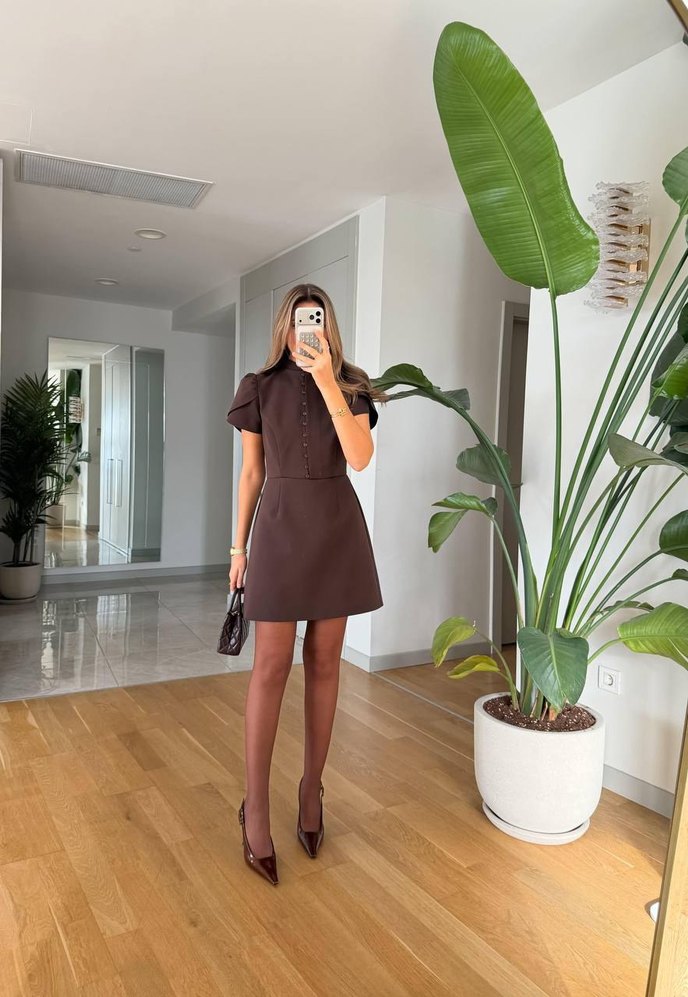 Zara Model Önden Düğmeli Kahverengi Mini Elbise - Görsel 5