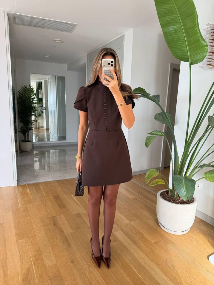 Zara Model Önden Düğmeli Kahverengi Mini Elbise - Görsel 4