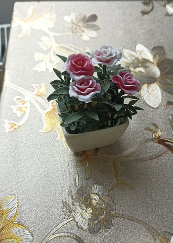 Pastel Pembe Saksıda Yapay Gül Çiçeği ikili mumluk - Görsel 3