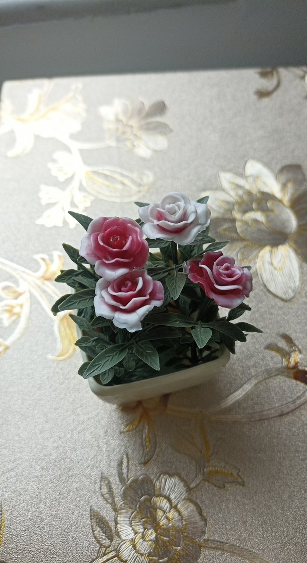 Pastel Pembe Saksıda Yapay Gül Çiçeği ikili mumluk - Görsel 5