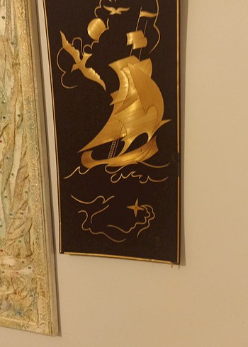 Altın Varaklı Yelkenli Gemili Sanat Tablosu vintage - Görsel 2