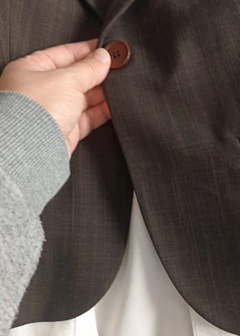 Düğmeli Kahverengi Keten Kadın Blazer Ceket - Görsel 3