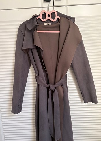 Gri Süet Kemerli Uzun Kadın Trençkot - Görsel 3