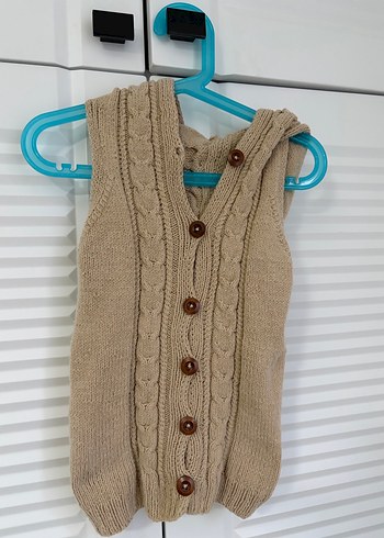 Kapüşonlu Bej Triko Kolsuz bohem yelek - Görsel 3